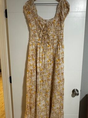 Women’s Yellow Floral Maxi Dress with Smocked Bodice